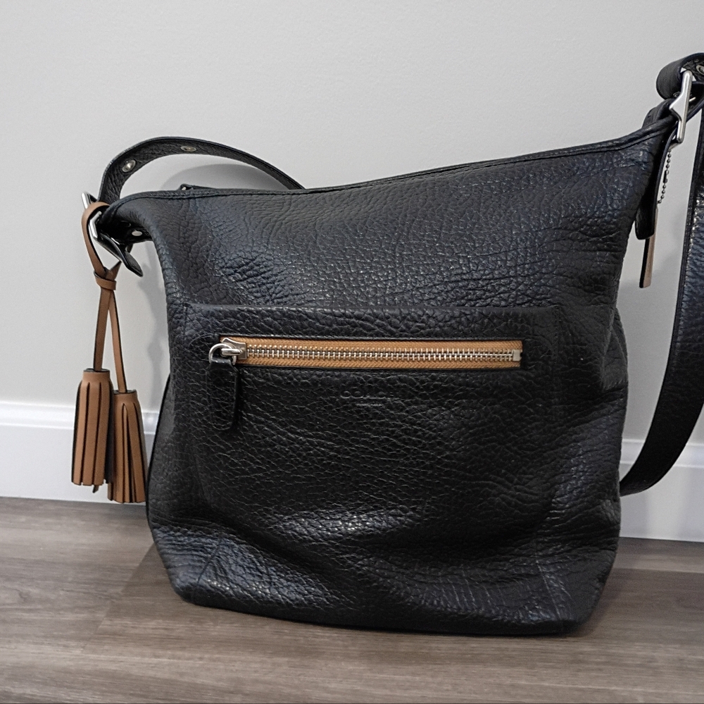Coach Legacy Black Pebbled Leather Tan Tassel Duffle Adjustable Shoulder Handbag